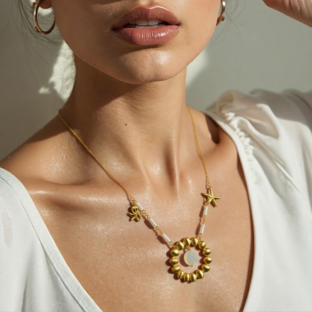 Ocean-Inspired Stainless Steel Seashell Necklace with Crystals