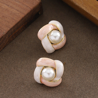 Elegant French Enamel Drip Glaze Floral Pearl Stud Earrings