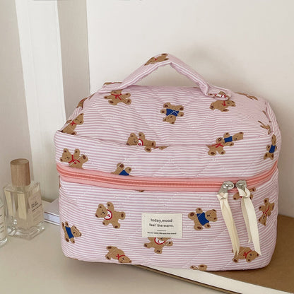 Cute Pink Striped Bear Makeup Bag Portable Cartoon Toiletry Pouch