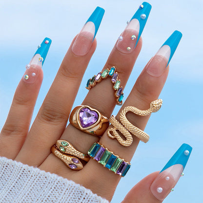 Snake Heart Shaped Gemstone Rings Jewelry Set