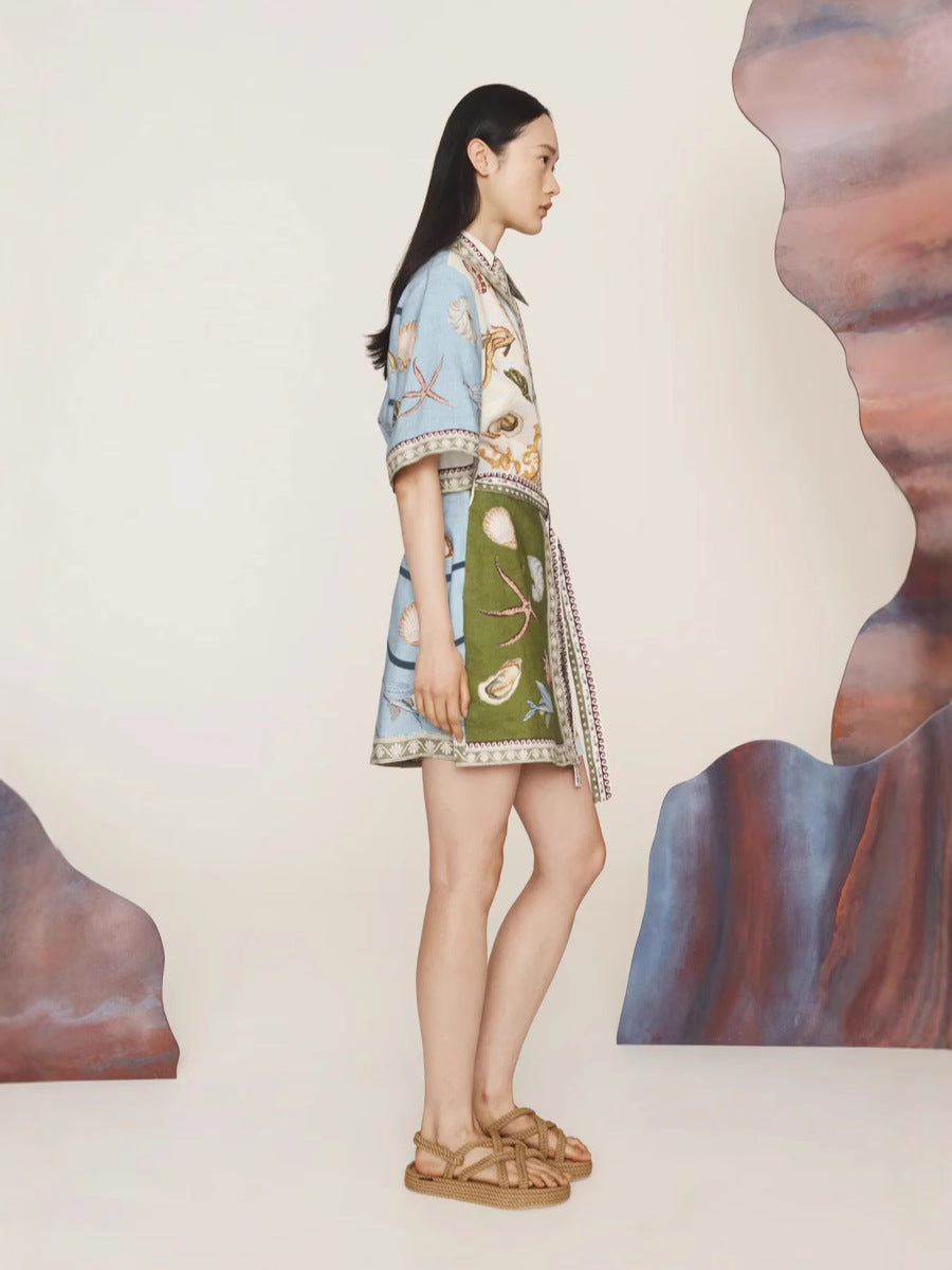 Casual Elegant Linen Shirt Dress with Animal Print