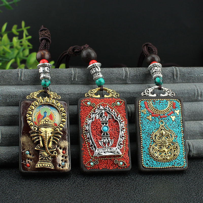 Vintage Nepal Thangka God Of Wealth Buddha Elephant God Ebony Pendant Necklace Exotic Sweater Chain