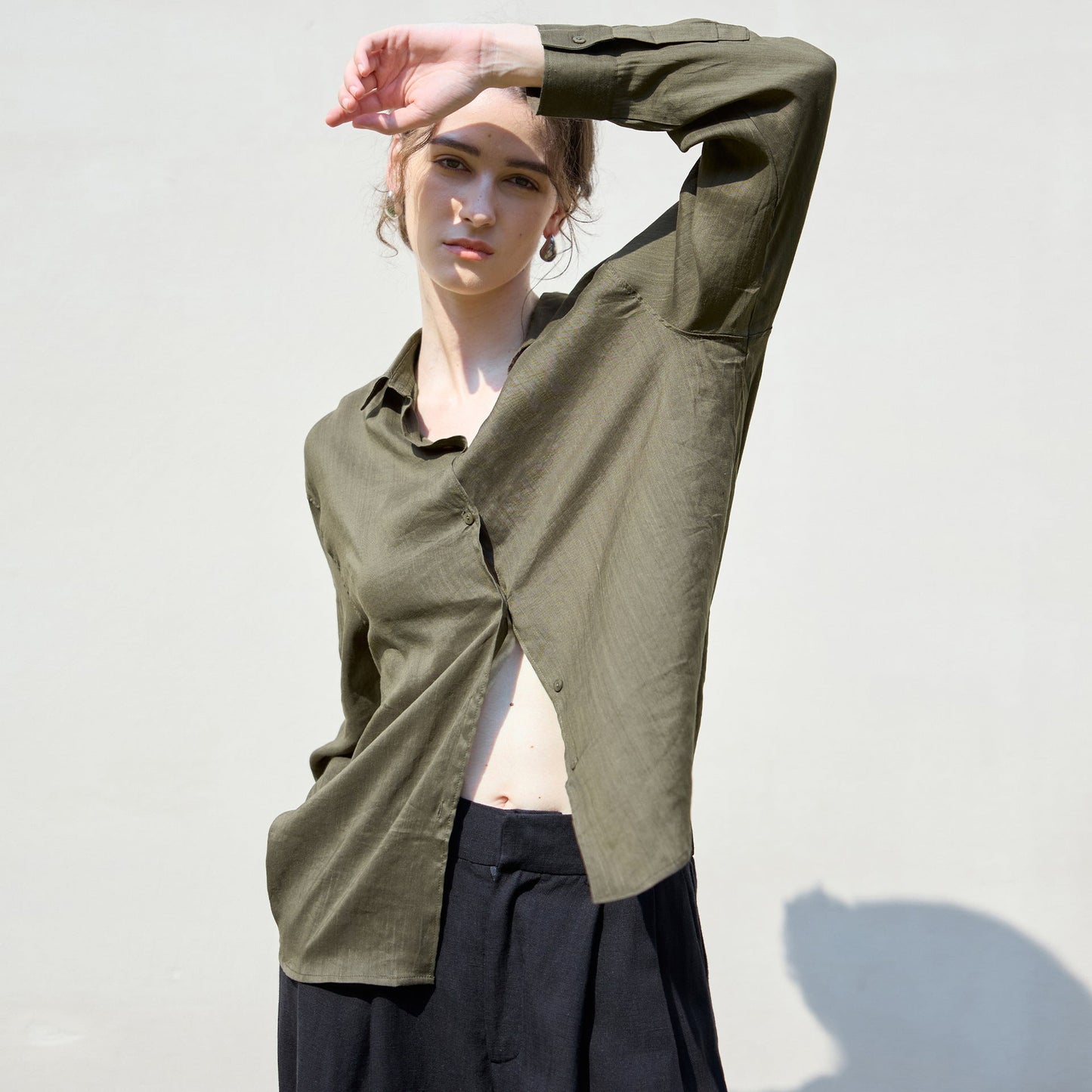 Loose-Fit Solid Color Linen Blend Shirt for Women
