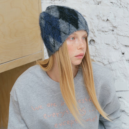 Wool Blend Diamond Pattern Knit Beanie for Women