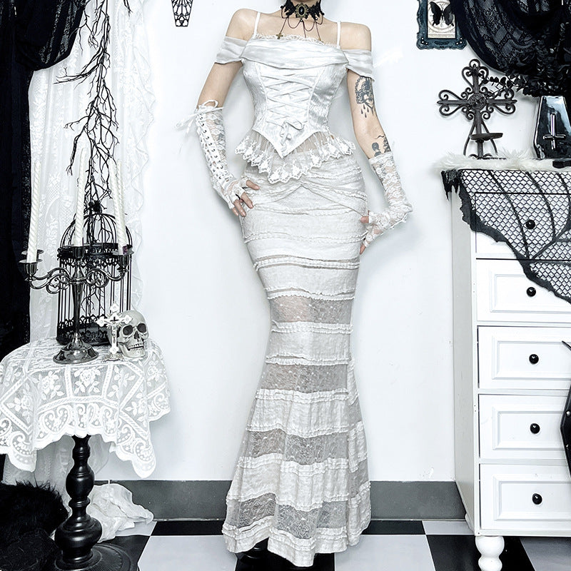 Off-Shoulder Lace Panel Fishtail Dress Set