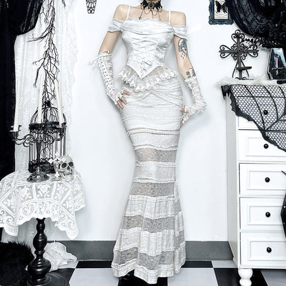 Off-Shoulder Lace Panel Fishtail Dress Set
