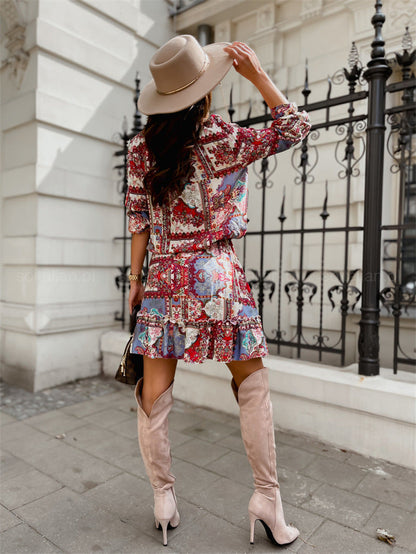 Vintage Mid-Rise Print Long Sleeve Short Skirt Temperament Commuter Womenswear
