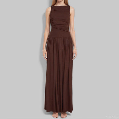 Elegant Solid Color Pleated Maxi Dress