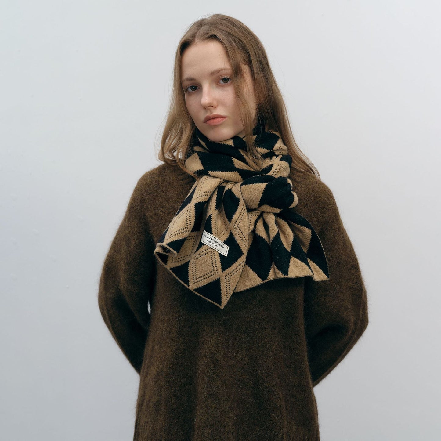 Color Block Diamond Plaid Warm Knit Scarves