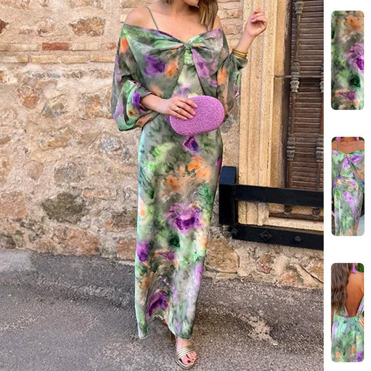 Women's Fashion Off-Shoulder Tie-Dye Cami & Shawl Dress Set