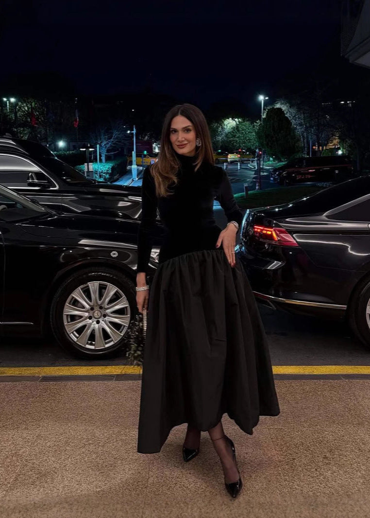 Velvet And Taffeta Maxi Dress With High Neck