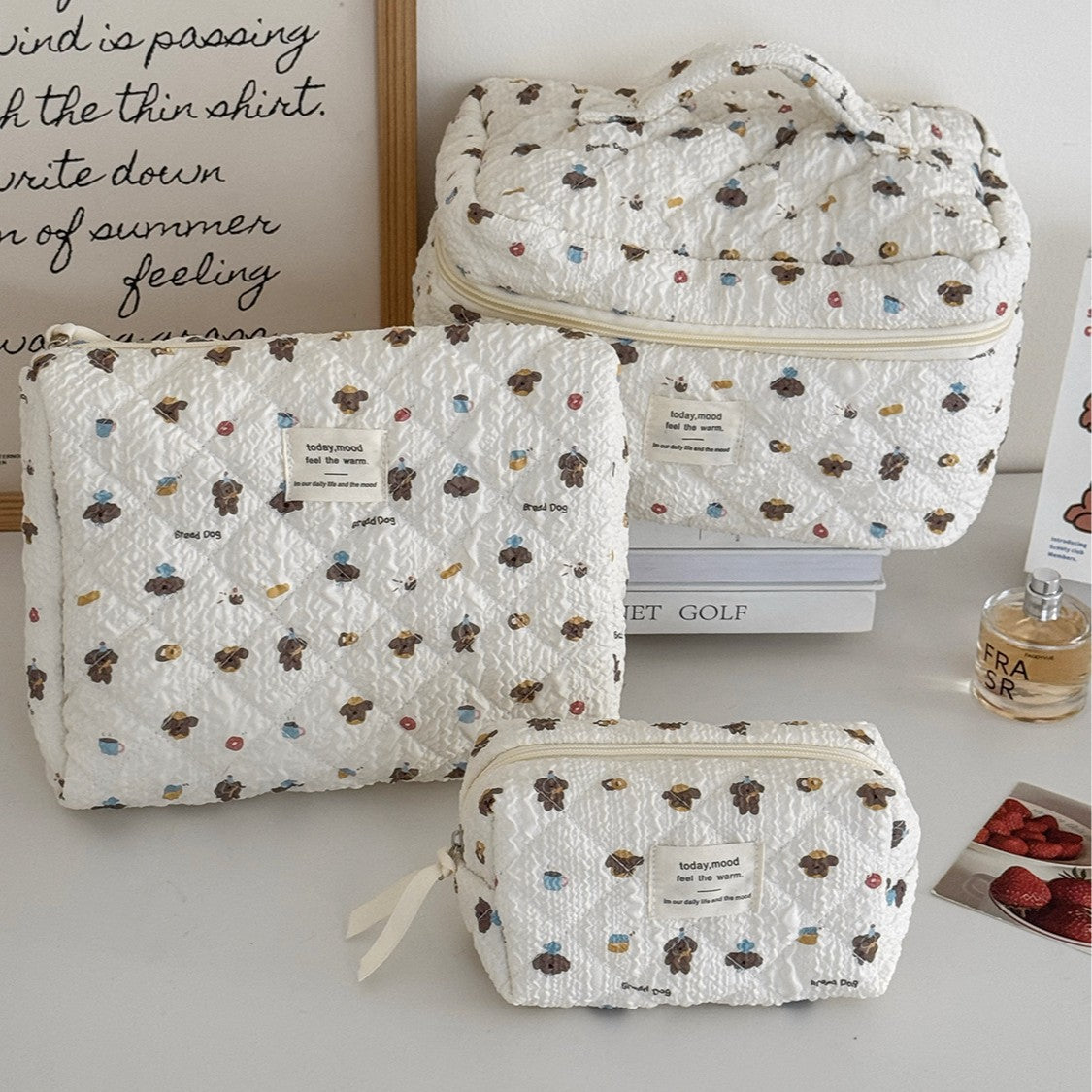 Bow Flower Large Capacity Makeup Bag Vintage Quilted Toiletry Pouch