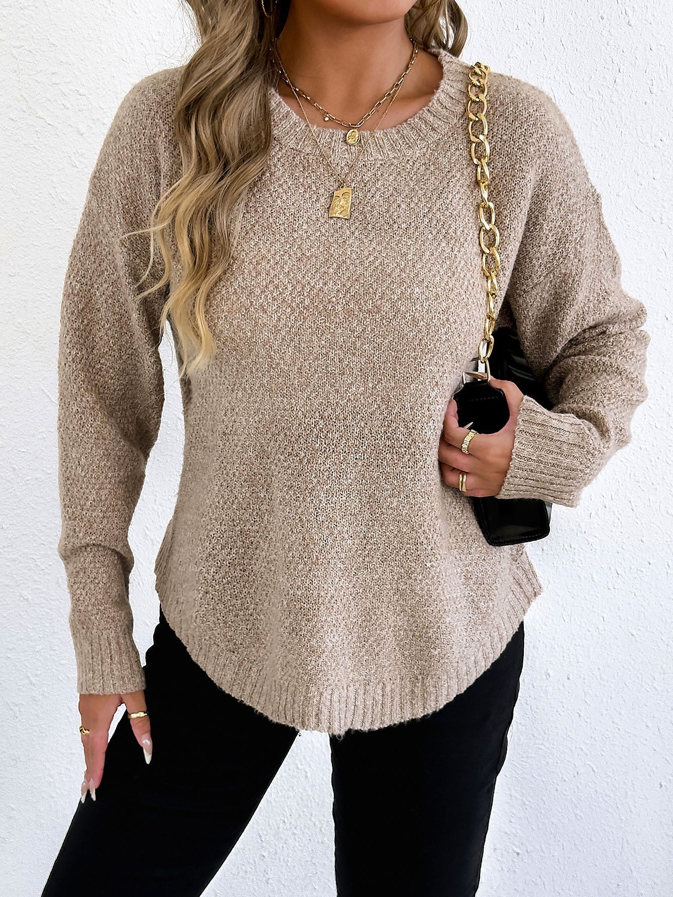 Women'S Casual Pullover Sweater Textured Fleece Round Neck