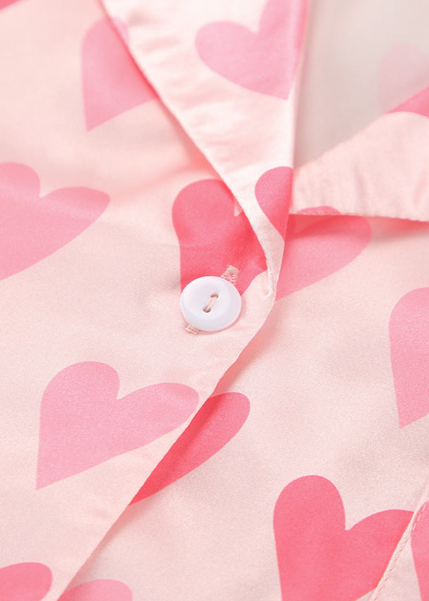 Heart Print Satin Pajama Set Relaxed Fit Pink
