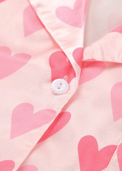 Heart Print Satin Pajama Set Relaxed Fit Pink