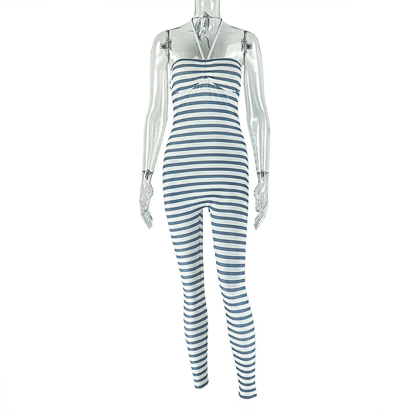 Striped Print Backless Bodysuit Sexy Sleeveless Jumpsuit For Women
