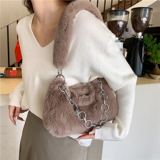 Fashionable Plush Shoulder Bag with Chain