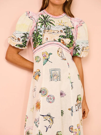 Elegant Floral Print Linen Midi Dress with Puff Sleeves