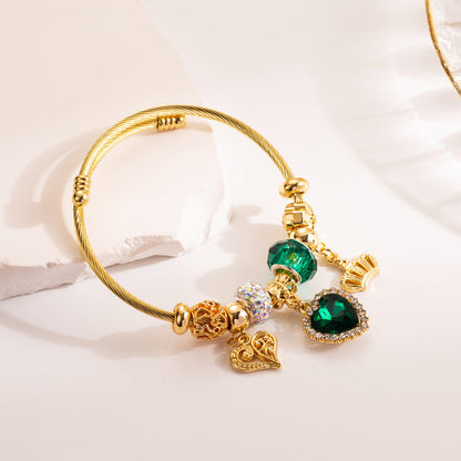 Heart-Shaped Crystal Bracelet Adjustable Handcrafted Stainless Steel Bangle