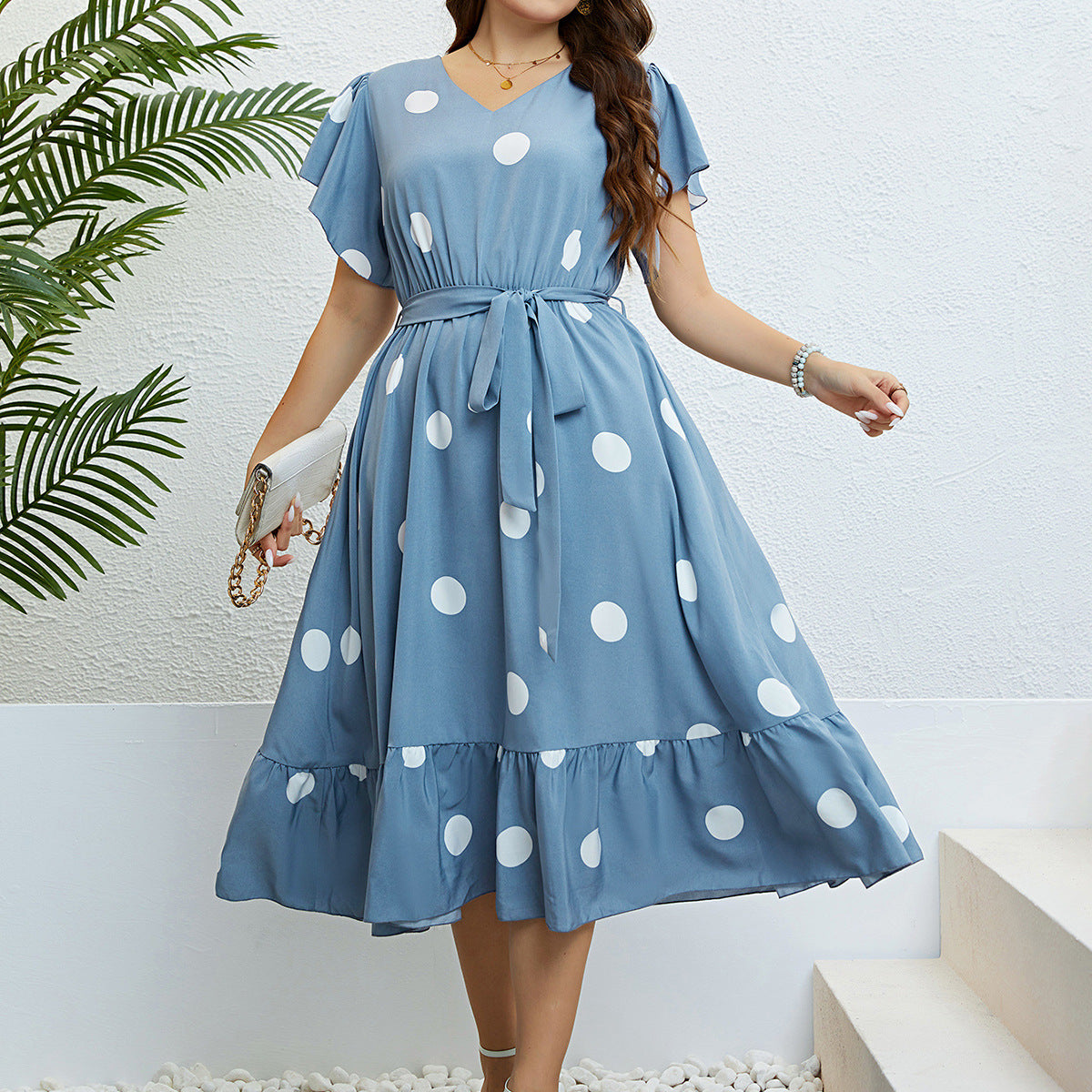 V-Neck Tie Waist Dress with Ruffled Sleeves