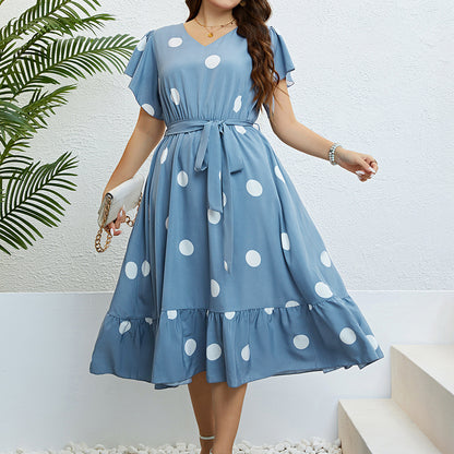 V-Neck Tie Waist Dress with Ruffled Sleeves