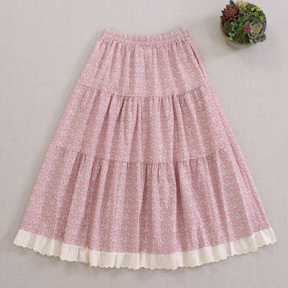 Sweet Floral Print A-Line Midi Skirt with Elastic Waist