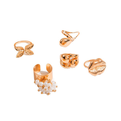 Geometric Statement Lip Alloy Pearl Ring Set