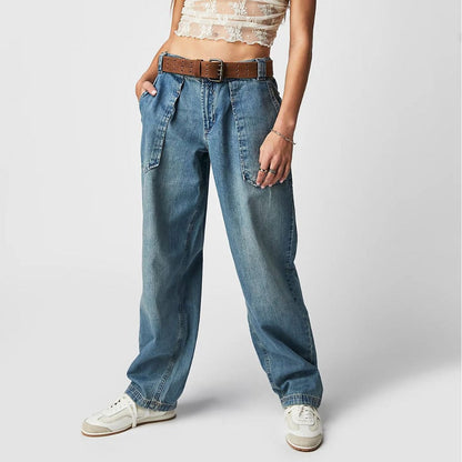 Casual Mid Waist Solid Color Denim Pants