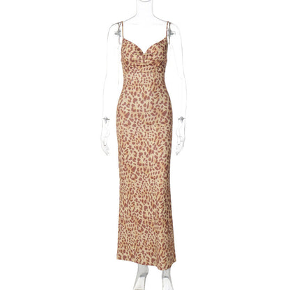 Sensual Leopard Print V-Neck Backless Maxi Slip Dress