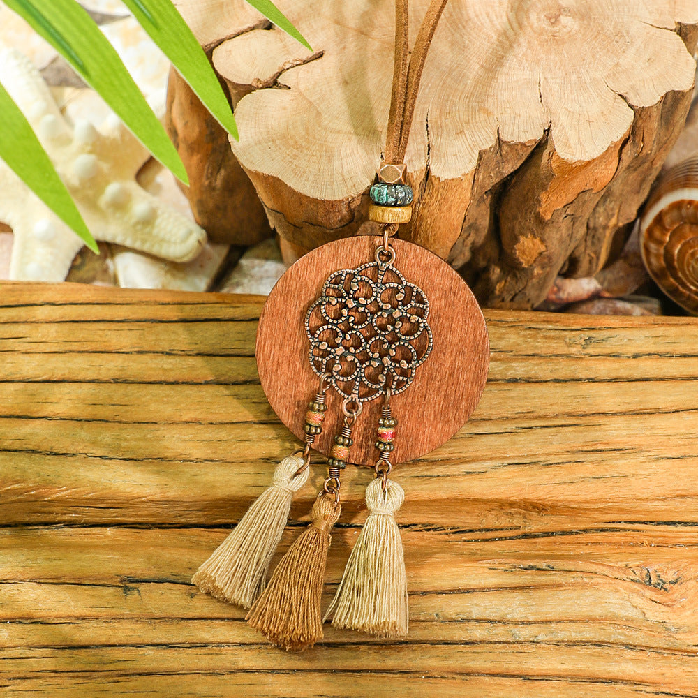 Bohemian Dreamcatcher Tassel Earrings and Wooden Necklace Set