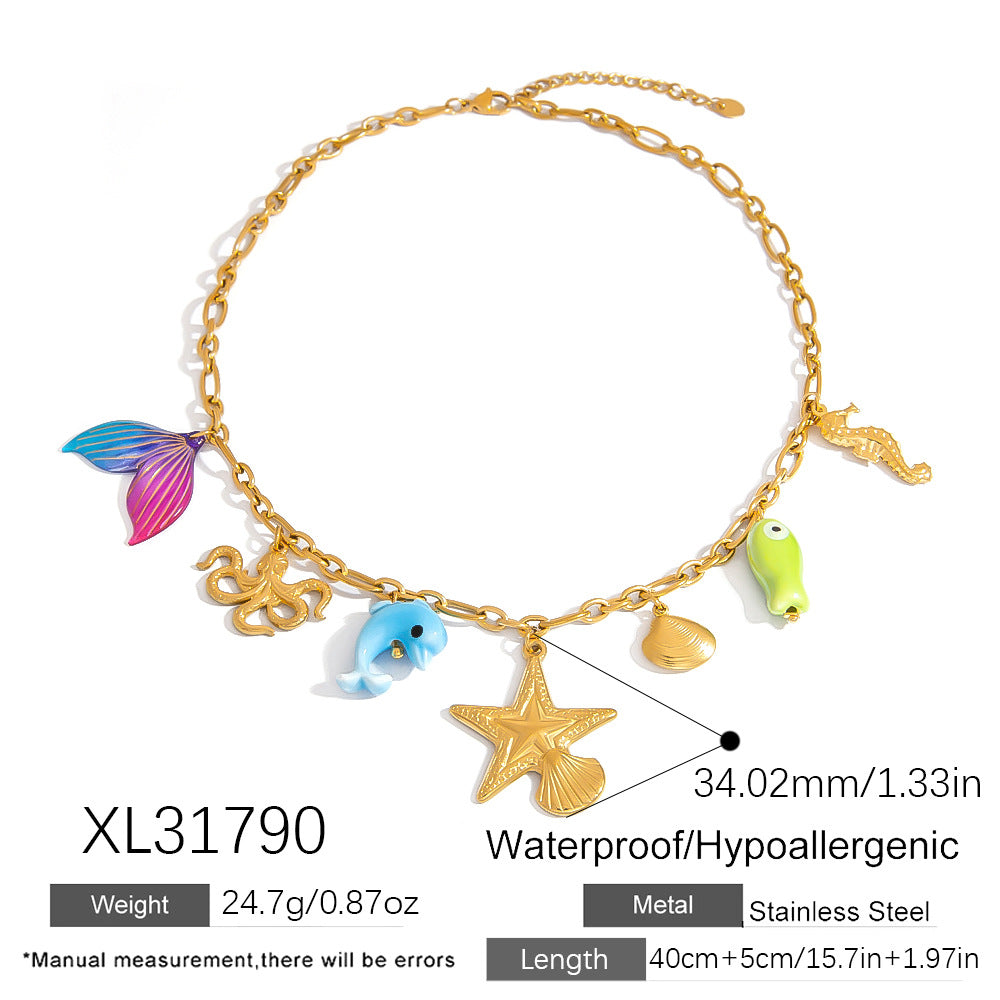 Ocean-Inspired Stainless Steel Necklace with Flower Pendant