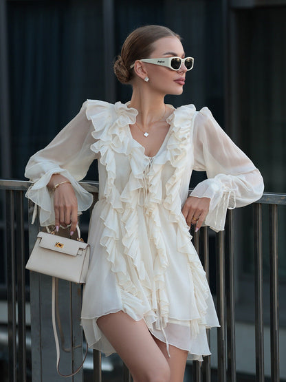 Chiffon Long Sleeve Dress With Ruffle Hem