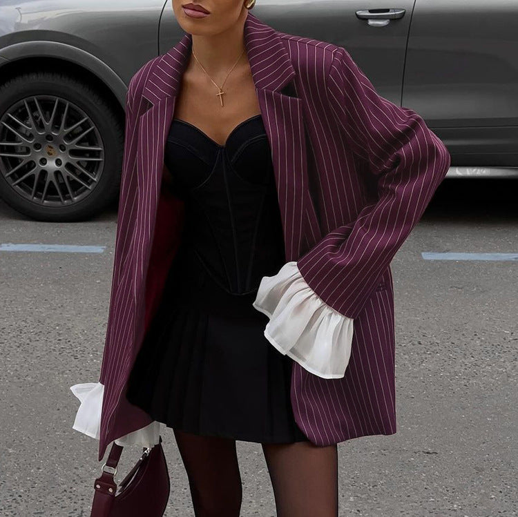 Burgundy Striped Blazer with Bell Sleeves for Women
