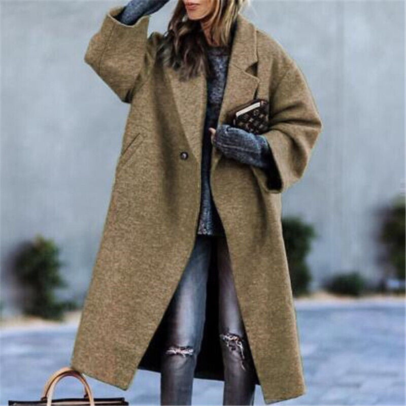 Classic Long Solid Color Wool Blend Coat For Women
