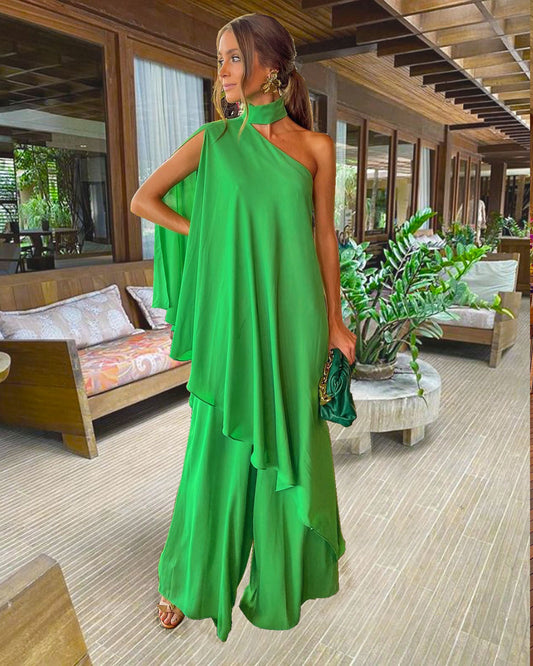 Stylish Neck Slanted Shoulder Set Casual Loose Vacation Two-Piece Set For Women