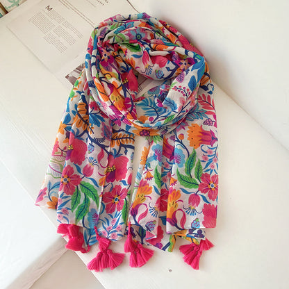 Bohemian Colorful Flowers, Cotton And Linen Hand Scarf, Sunscreen, Beach Scarf, Scarf Scarf Woman