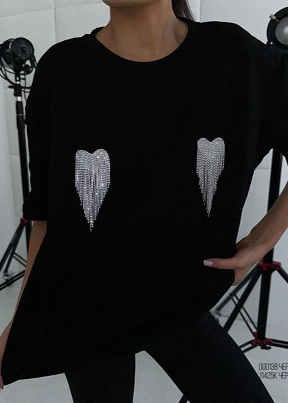 Embellished Cotton T Shirt With Rhinestone Wings