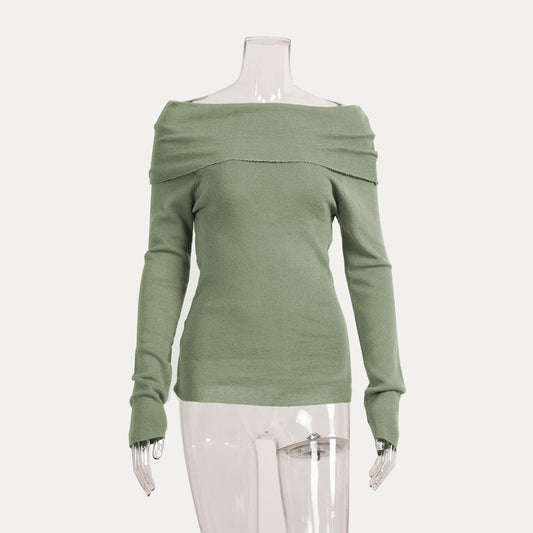 Off-Shoulder Knitted Top Slim Fit Solid Color Long Sleeve Pullover