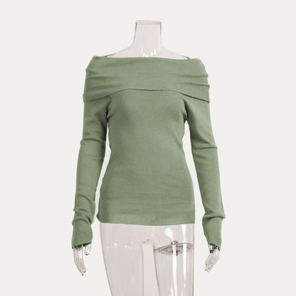 Off-Shoulder Knit Top Solid Color Slim Fit Long Sleeve Sweater