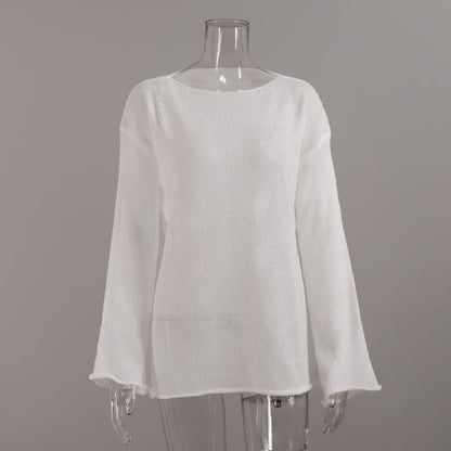 Solid Color See Through Flare Sleeves Knit Top