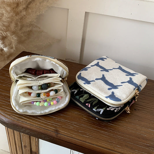 Embroidered Cotton Linen Jewelry Storage Bag for Rings and Necklaces