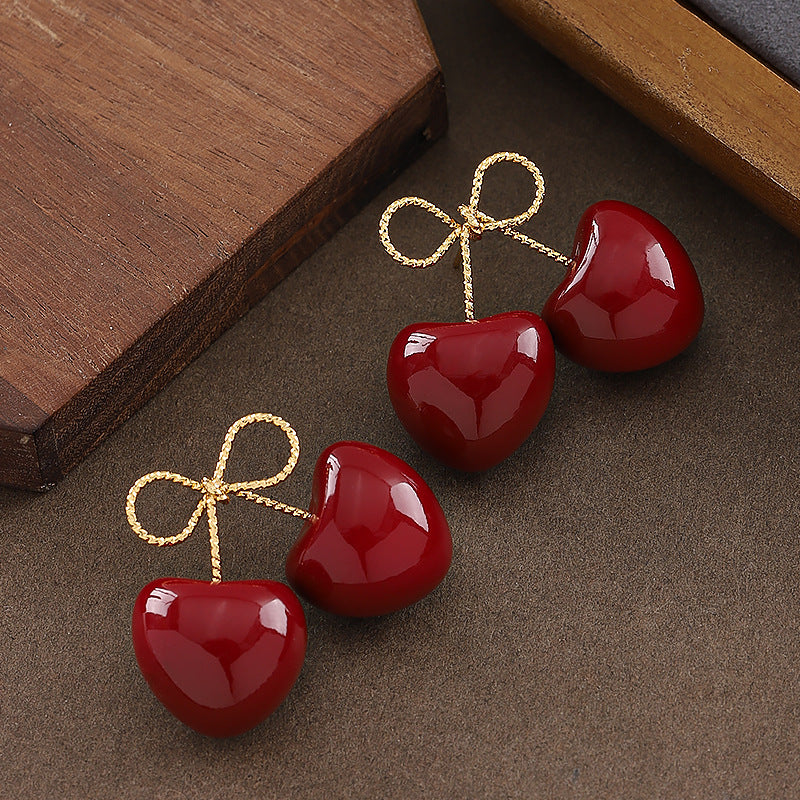 French Cherry Pearl Earrings Stylish Silver Needle Ear Studs