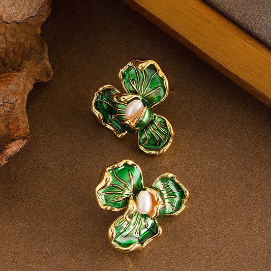 French Elegant Flower Pearl Stud Earrings For Women