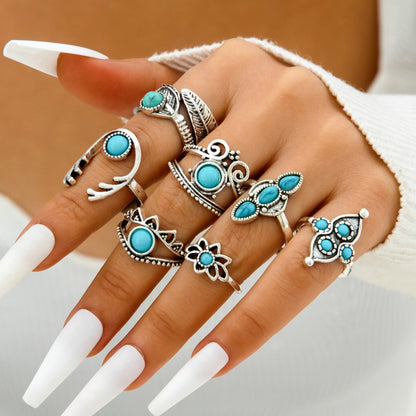 Bohemian Style Carved Feather Turquoise Ring Set