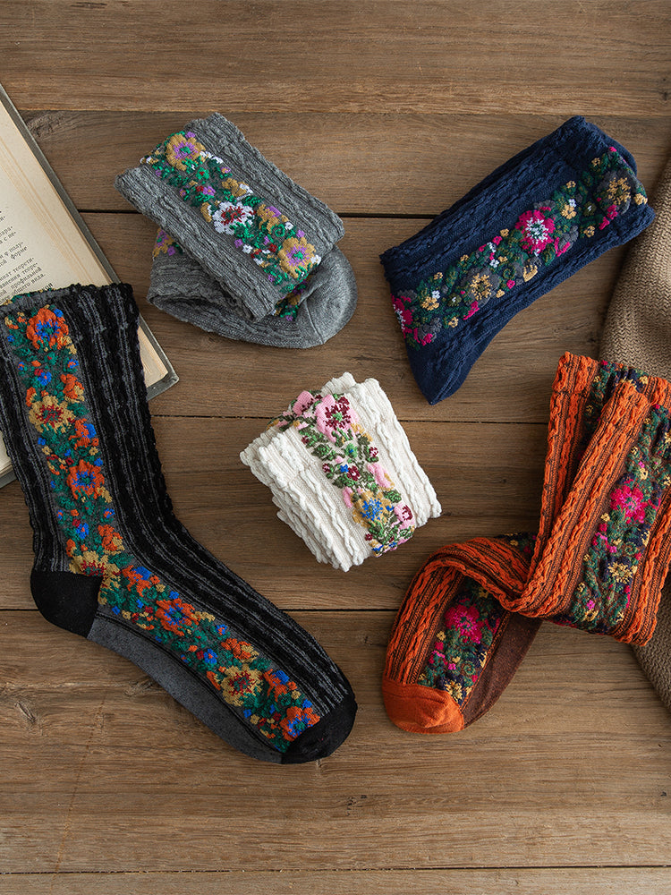 Retro Socks Women'S Tube Socks Ethnic Style Literary Forest Floral Japanese Pile Stockings Stockings