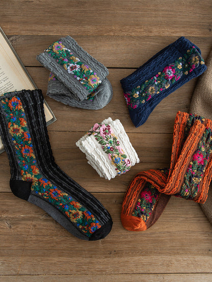 Retro Socks Women'S Tube Socks Ethnic Style Literary Forest Floral Japanese Pile Stockings Stockings