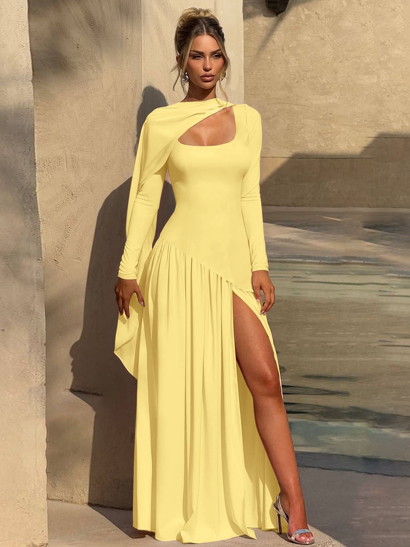 Elegant Color-Block U-Neck Long Sleeve Dress