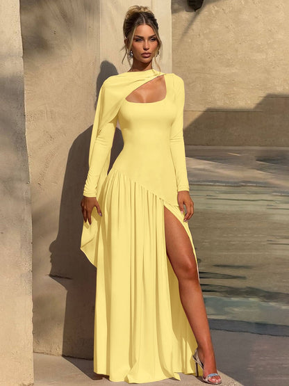 Elegant Color-Block U-Neck Long Sleeve Dress