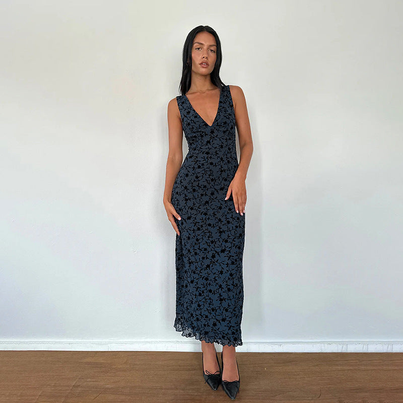 V-Neck Floral Midi Dress Slim Fit Polyester Casual