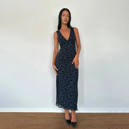 V-Neck Floral Midi Dress Slim Fit Polyester Casual
